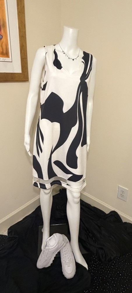 Unbranded Women's Abstract Shift Dress Black White Graphic Print Mesh Hem Si-image