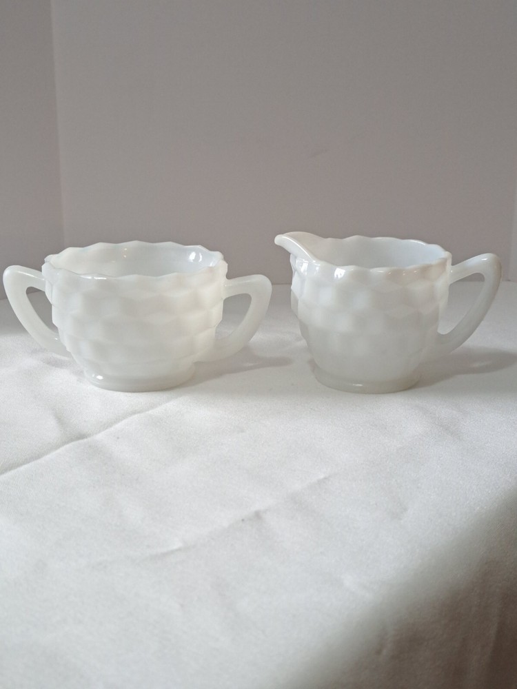 Vintage Anchor Hocking White Cubist Milk Glass Creamer and Sugar Set
