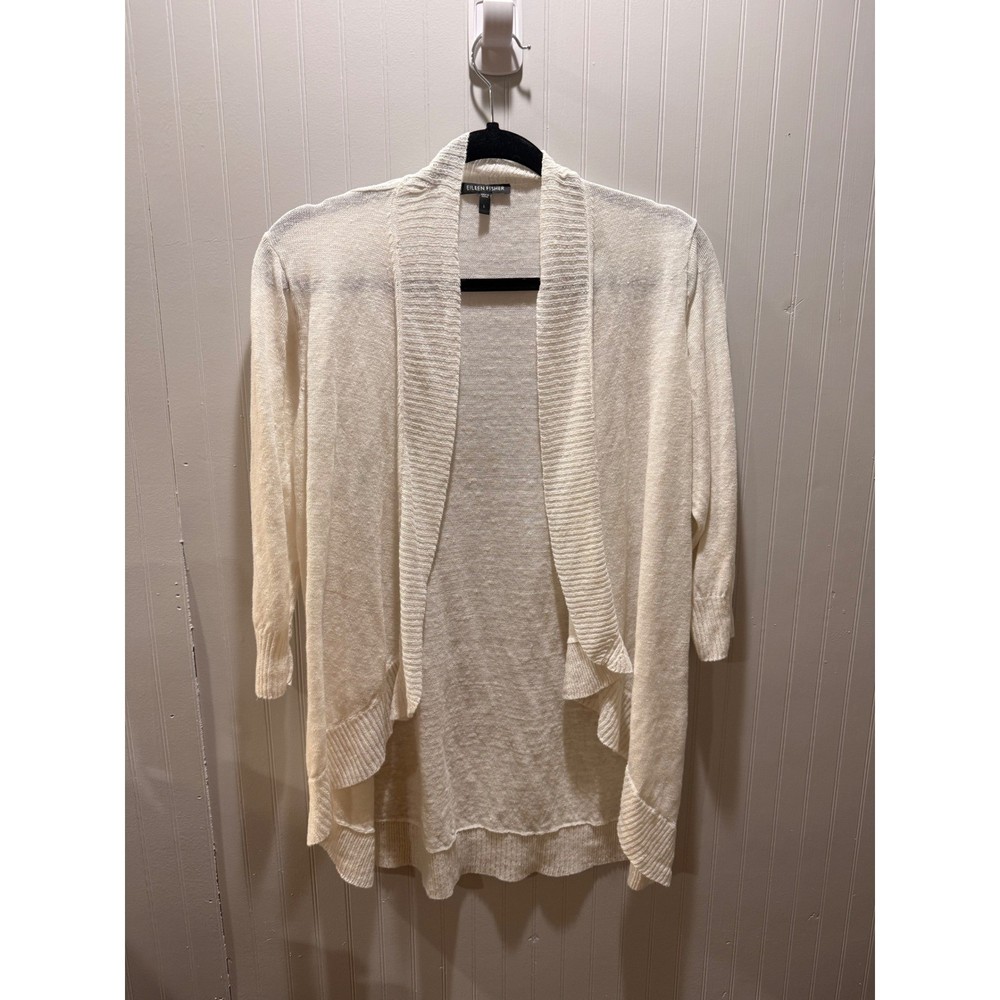 Eileen Fisher Womens Cream Linen Blend Open Front Shawl Cardigan Sweater Large