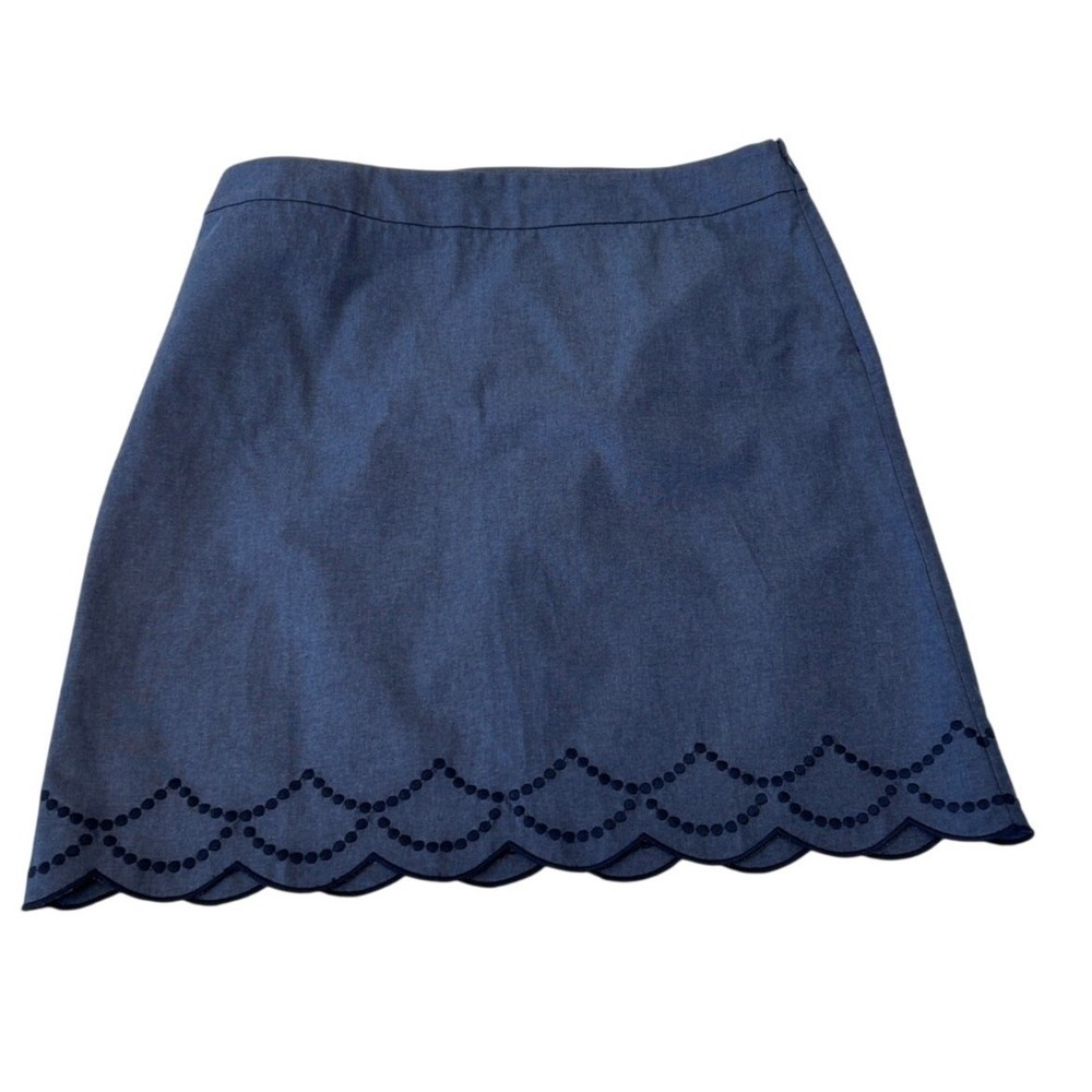 Talbots Women's Chambray Skirt Sz 16 Blue Embroidered Scallop Hem Preppy