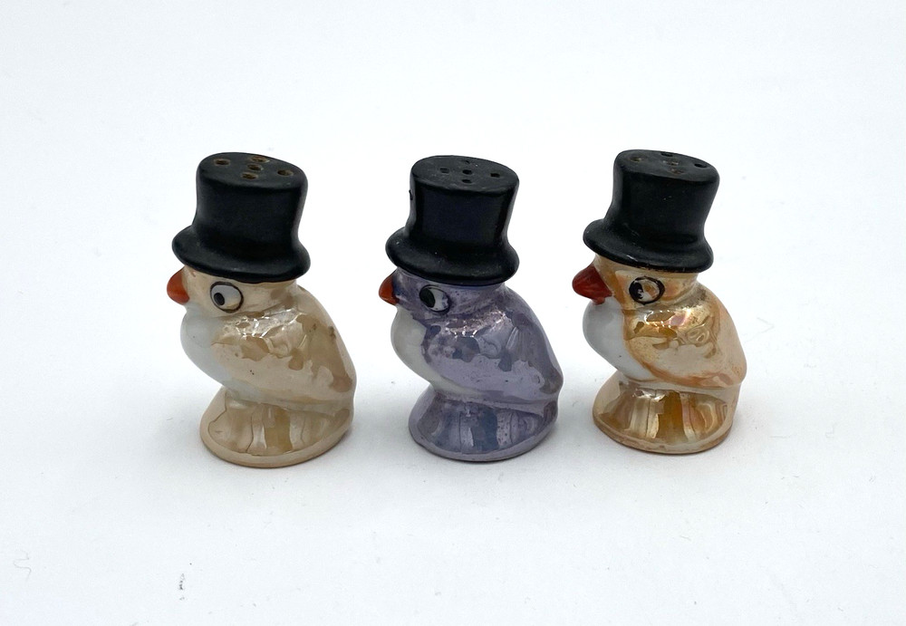3 Vintage Lusterware Salt & Pepper Shakers, Birds in Top Hats, 2