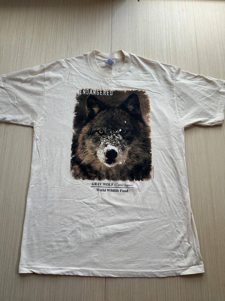 Vintage Jerzees T-Shirt Men's Large White Endangered Gray Wolf Graphic Cotton