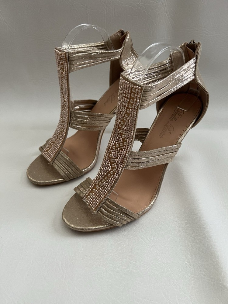 Bella Luna Light Gold Sparklin Heels Pearl Embellished Size 10 Elegant Party