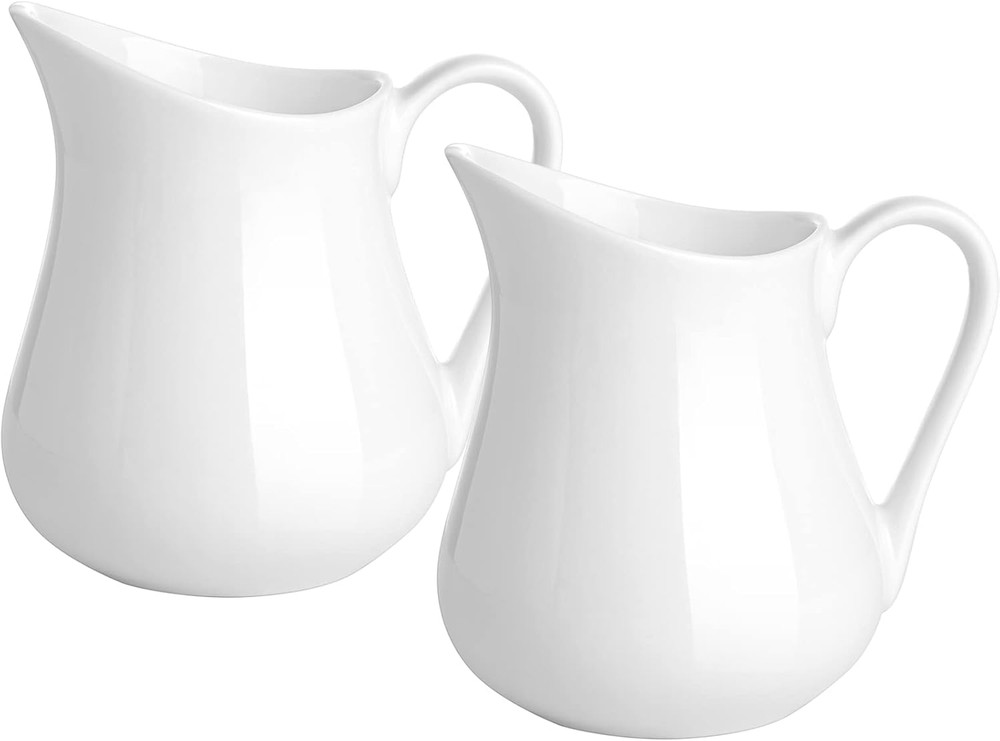 2 Pack 4 Oz Classic White Ceramic Small Creamer Pitcher with Handle- Fine Porcel