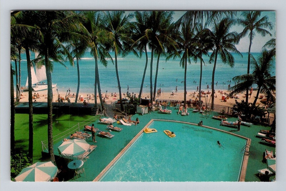 Honolulu HI-Hawaii, Waikiki Beach, Outrigger Hotels, Vintage Souvenir Postcard