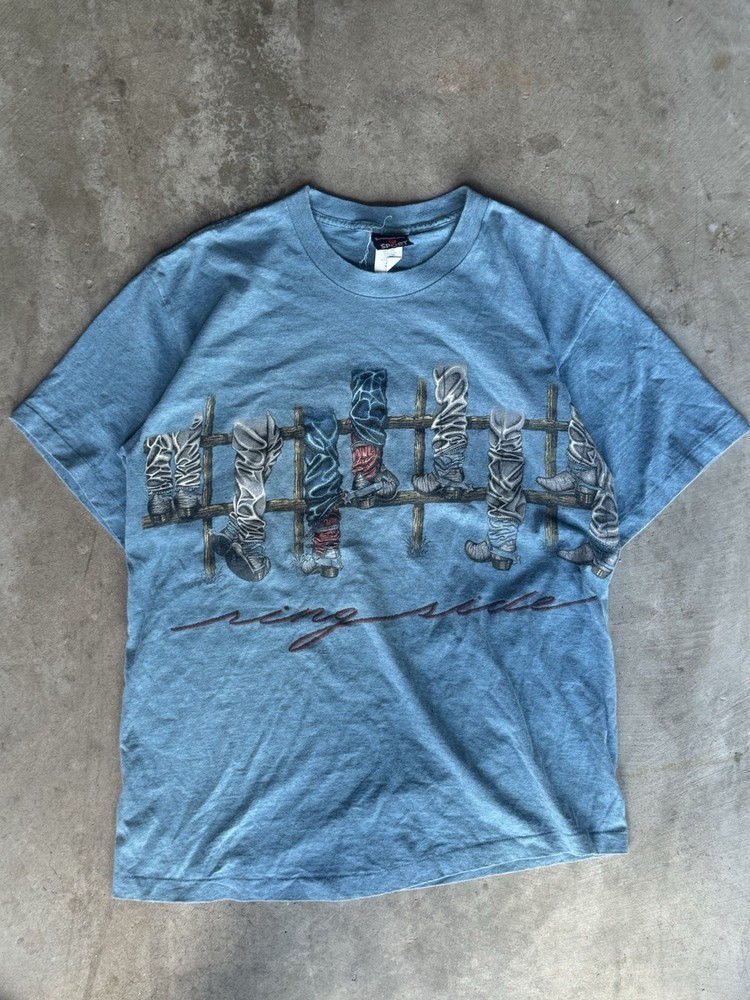 Vintage 90s Ringside Wrap Around Graphic T-Shirt L Cowboy Boots Western Blue 360