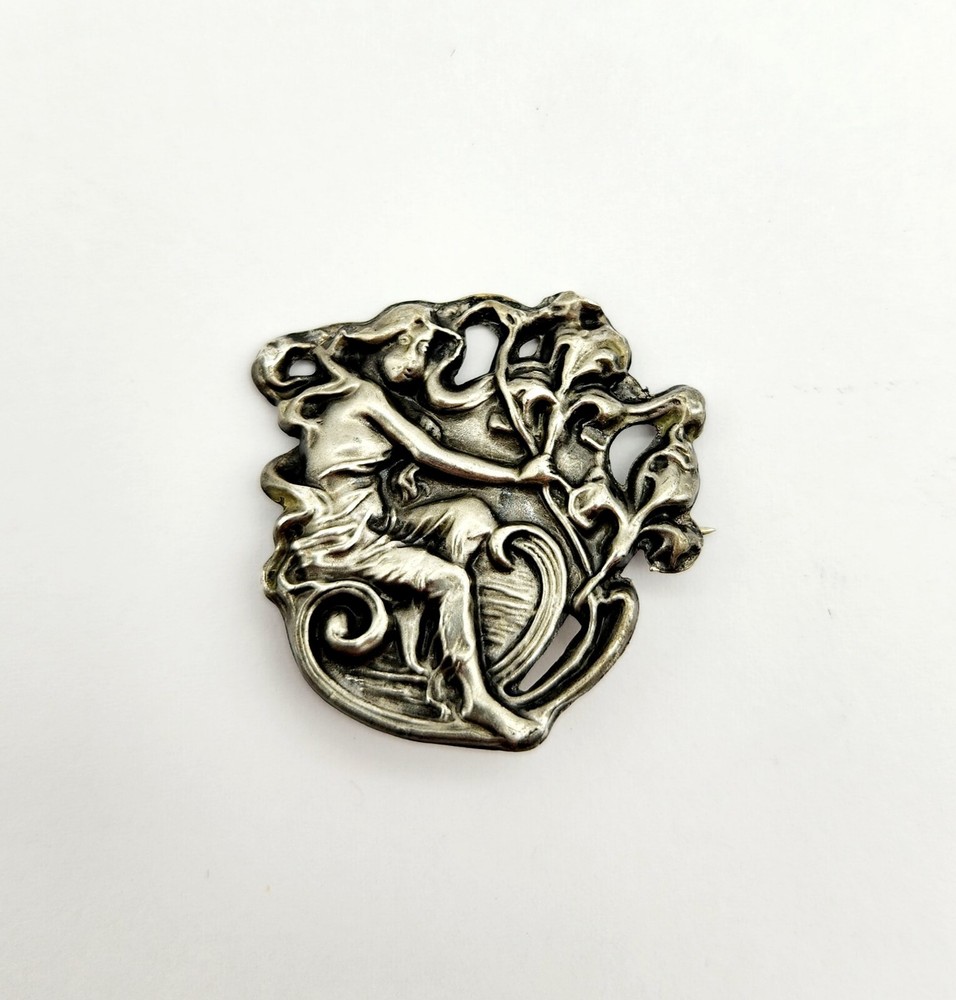 Vintage Antique Repousse Lady Maiden Art Nouveau Brooch Pin Sterling Silver