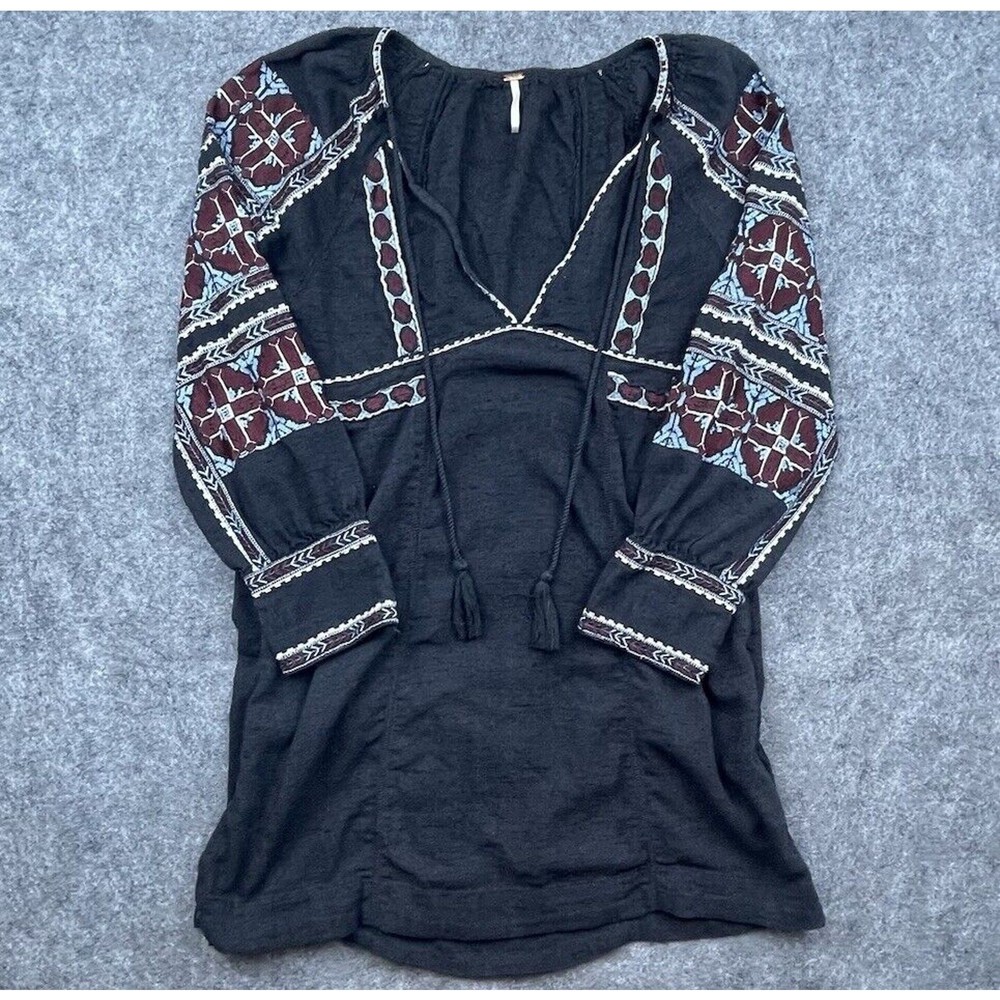 Free People Dress Womens Extra Small Black Tunic Embroidered Tassels Boho Hippie