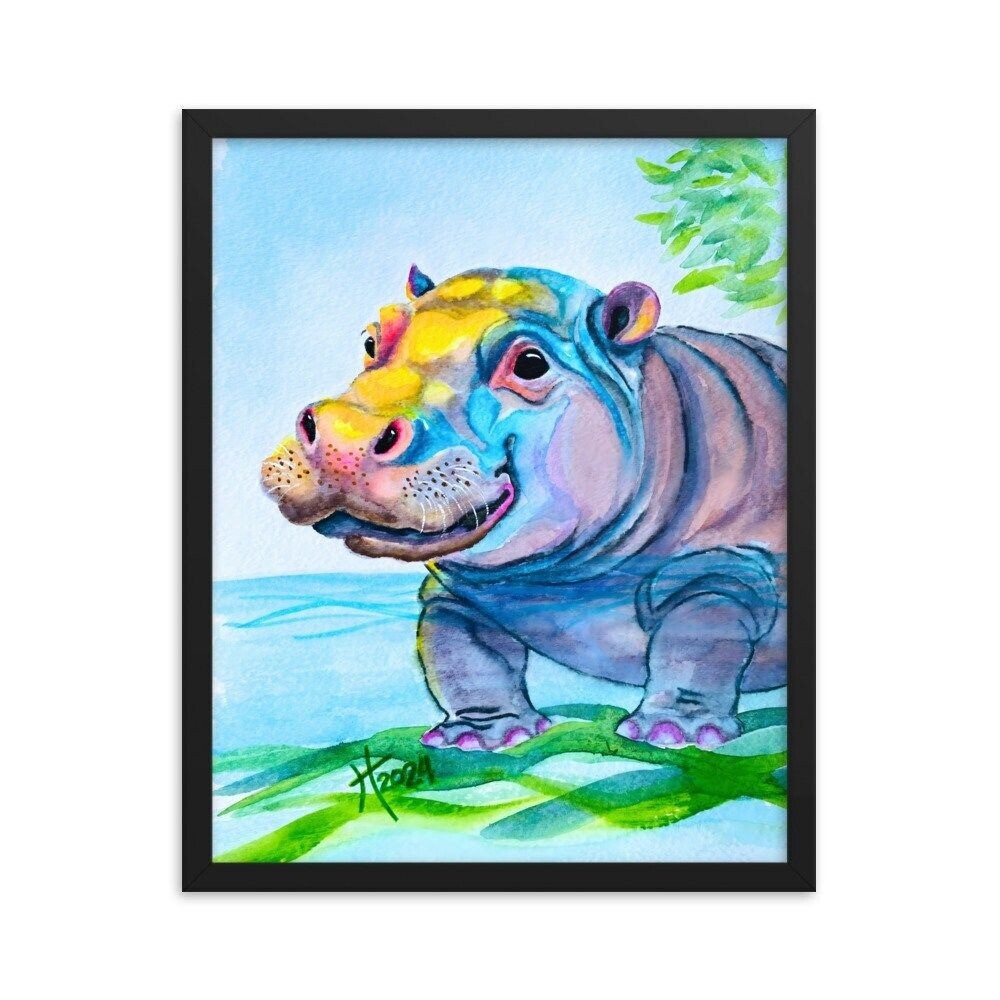 Aryas Baby Hippo Painting Art Print Framed Poster Colorful Nursery Room Gift