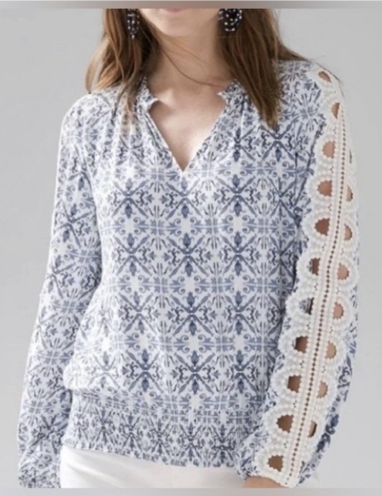 White House Black Market Blouse Women's S Blue Lace Geometric Print New NWT