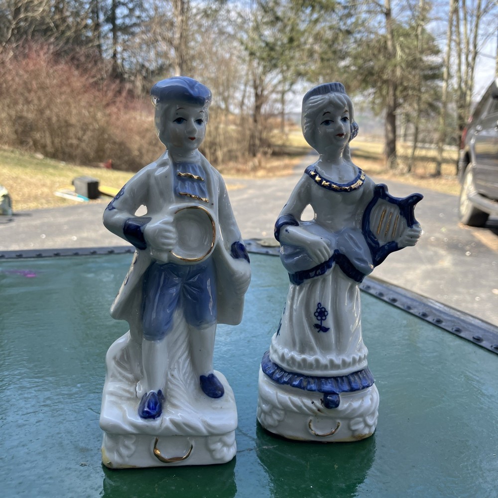 Vintage Colonial Man Woman w/ Harp Blue, White, Gold Porcelain Colonial 6”