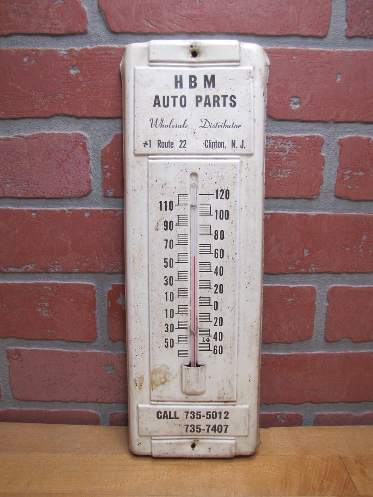 H B M AUTO PARTS CLINTON NJ ORIGINAL OLD ADVERTISING SIGN THERMOMETER GAS OIL AD