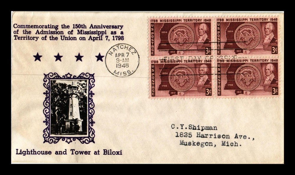 Dr Jim Stamps Us Mississippi Territory Fdc Scott 955 Block Crosby Photo Cover