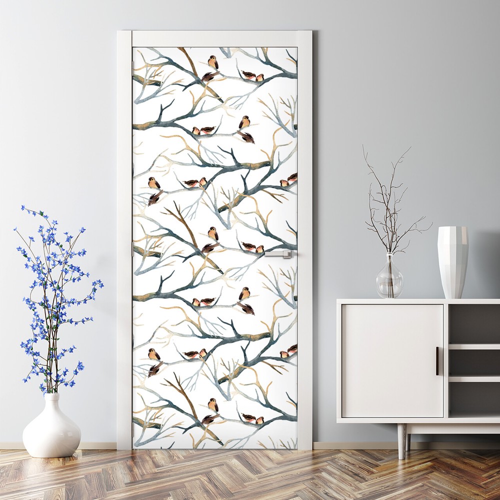 Vintage Watercolor Sparrows on Branches Removable Door Sticker Adhesive