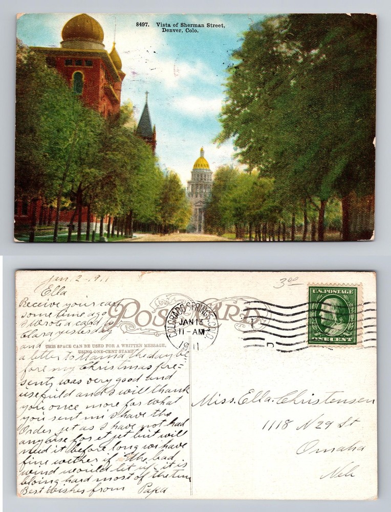 Denver, CO-Colorado, Vista of Sherman State Capitol Dome Vintage c1911 Postcard