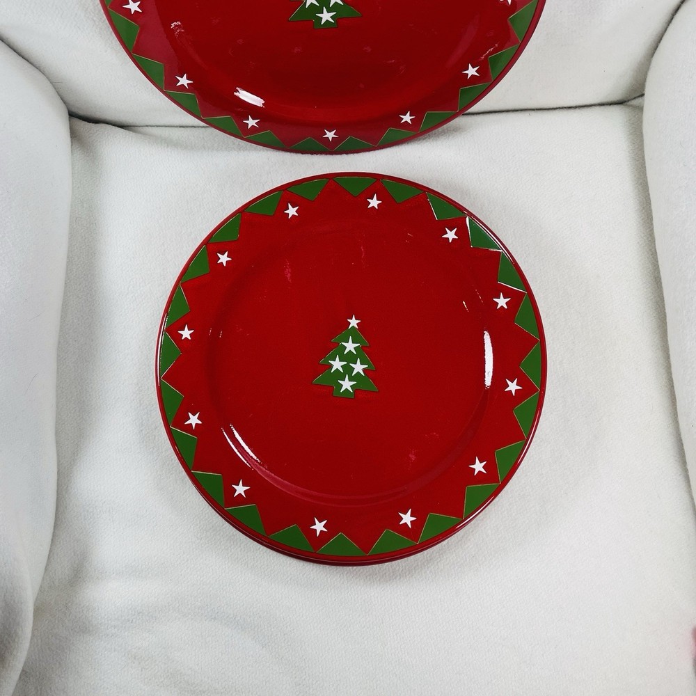Vtg Waechtersbach Red Dinner Plates W/ Green Christmas Tree & White Stars Set 4