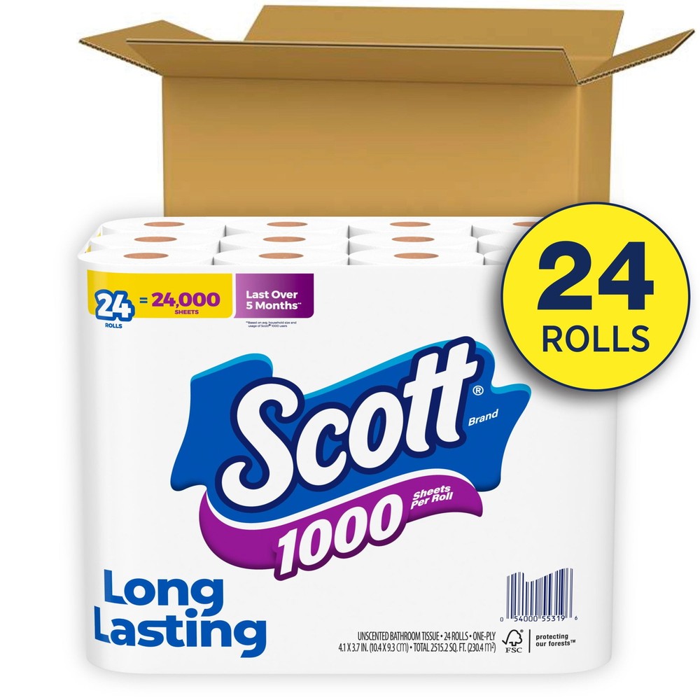 Scott 1000 Toilet Paper, 24 Rolls, 1,000 Sheets per Roll Free Shipping