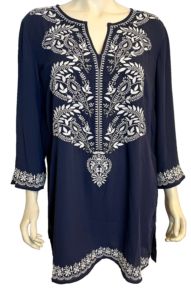 NWT Charter Club Navy Blue with White Embroidery V neck 3/4 Sleeve Pullover XL