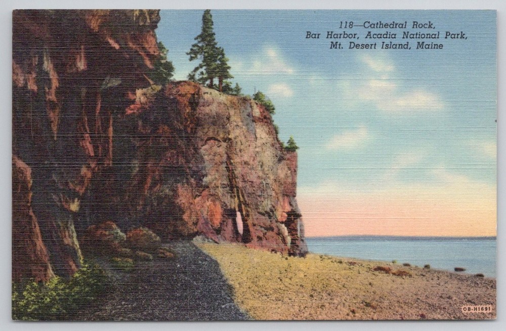 Cathedral Rock Bar Harbor Acadia National Park Maine Linen Postcard-image