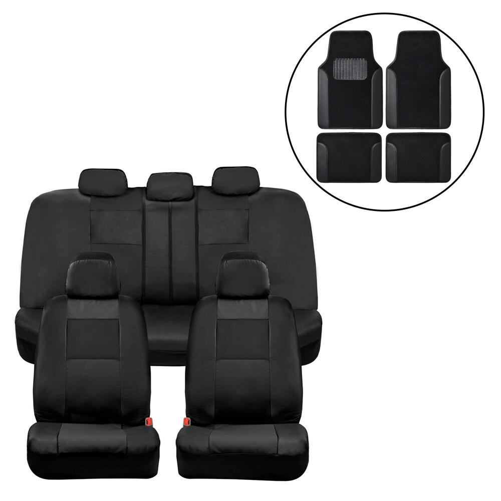 Front Rear Black PU Leather Car Seat Covers Set with Black Carpet Floor Mats