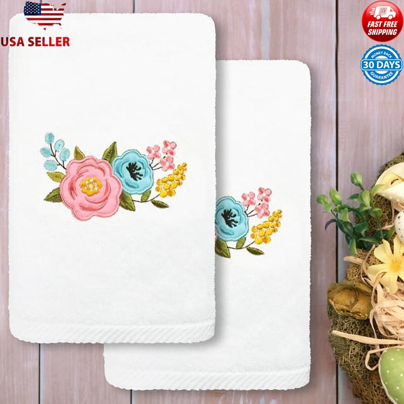 Embroidered Floral Hand Towels 2 Pack Soft Absorbent Turkish Cotton Bath Decor