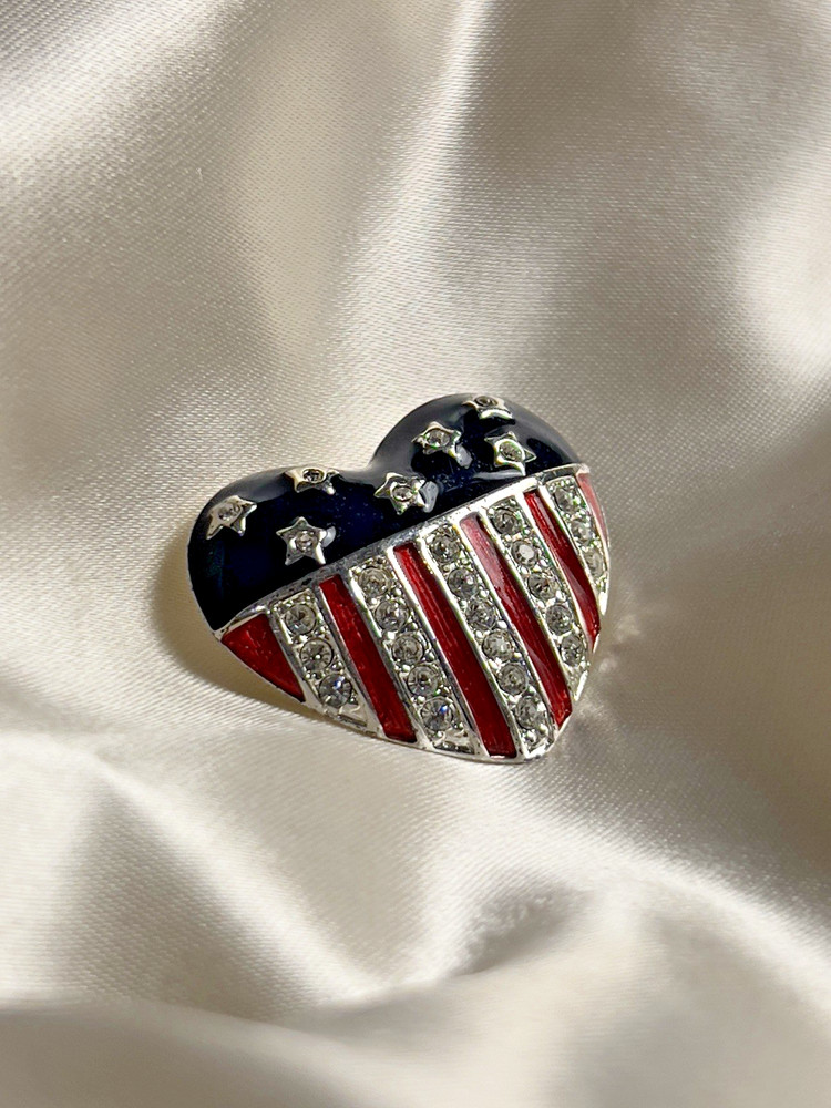 Patriotic Heart Brooch – Red, White & Blue Rhinestone Flag – Silver Tone