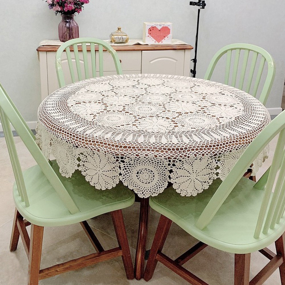 52inch Round Hand Crochet Tablecloth Ecru Vintage Lace Table Cloth Floral Doily