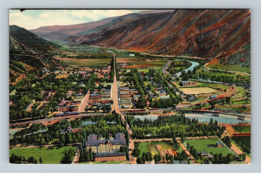 Glenwood Springs CO-Colorado, Aerial, River, Roaring Fork Valley, Linen Postcard