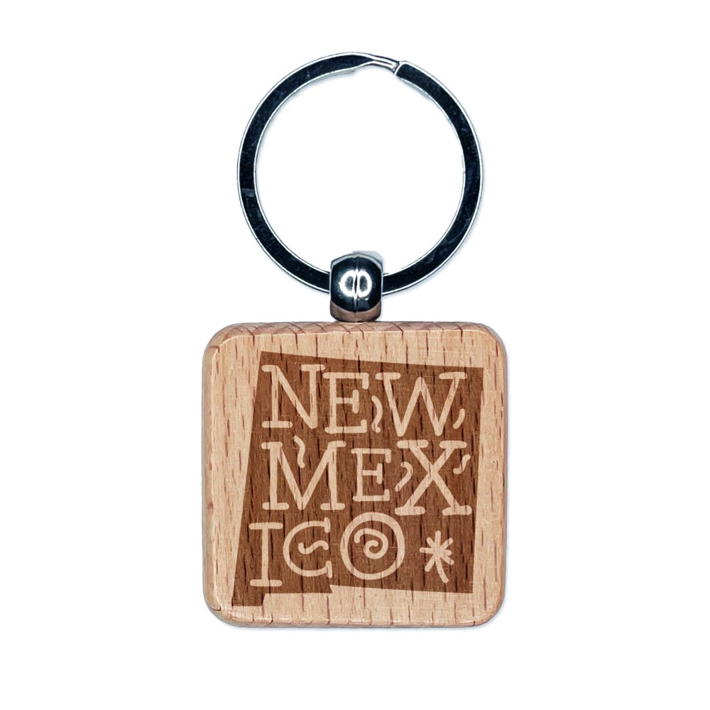New Mexico State with Text Swirls Engraved Wood Square Keychain Tag Charm