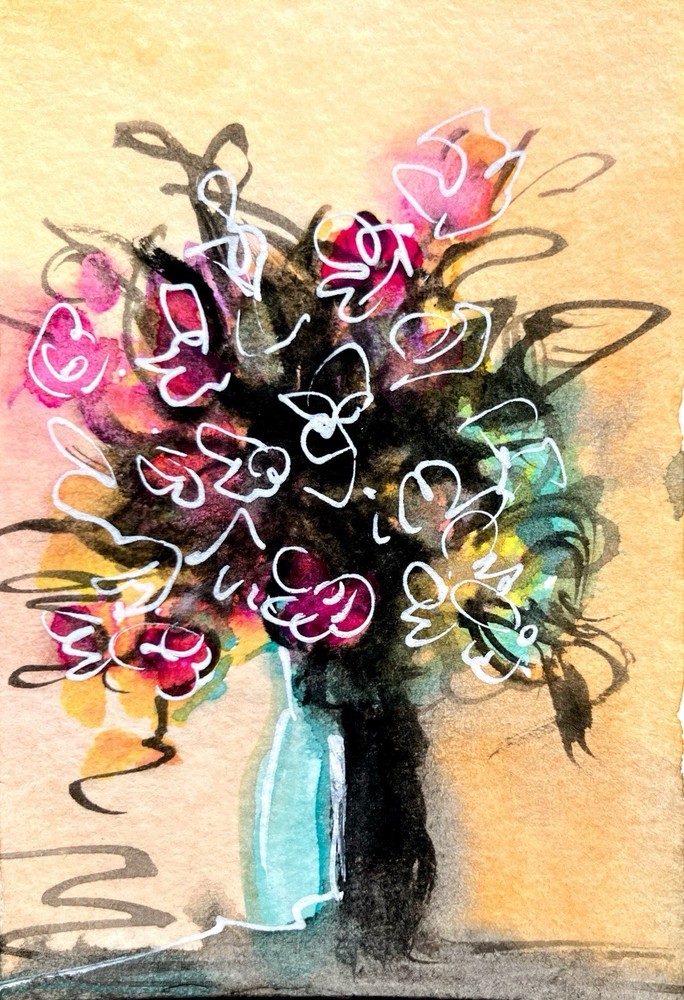 ACEO Original Watercolor Flowers Dark Beauty Fuchsia Painting Series Two Of Four