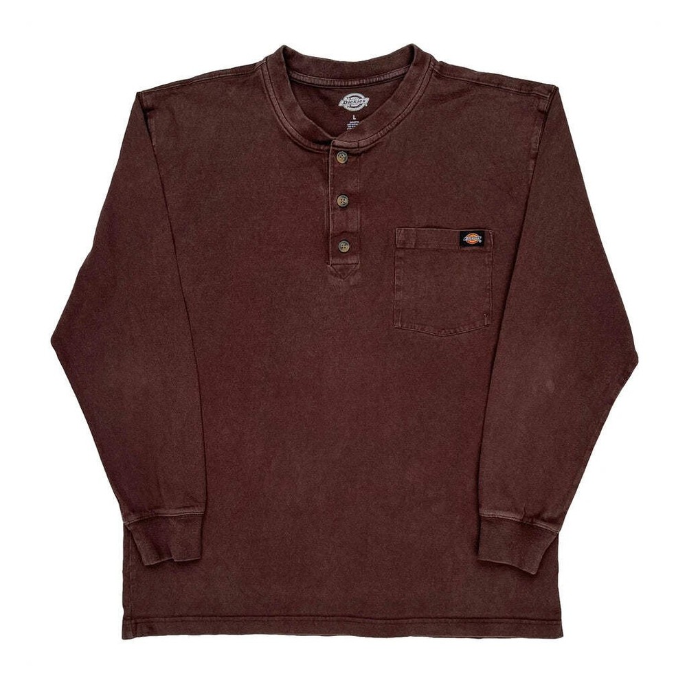 Dickies Henley Long Sleeve T-Shirt - Large Brown Cotton