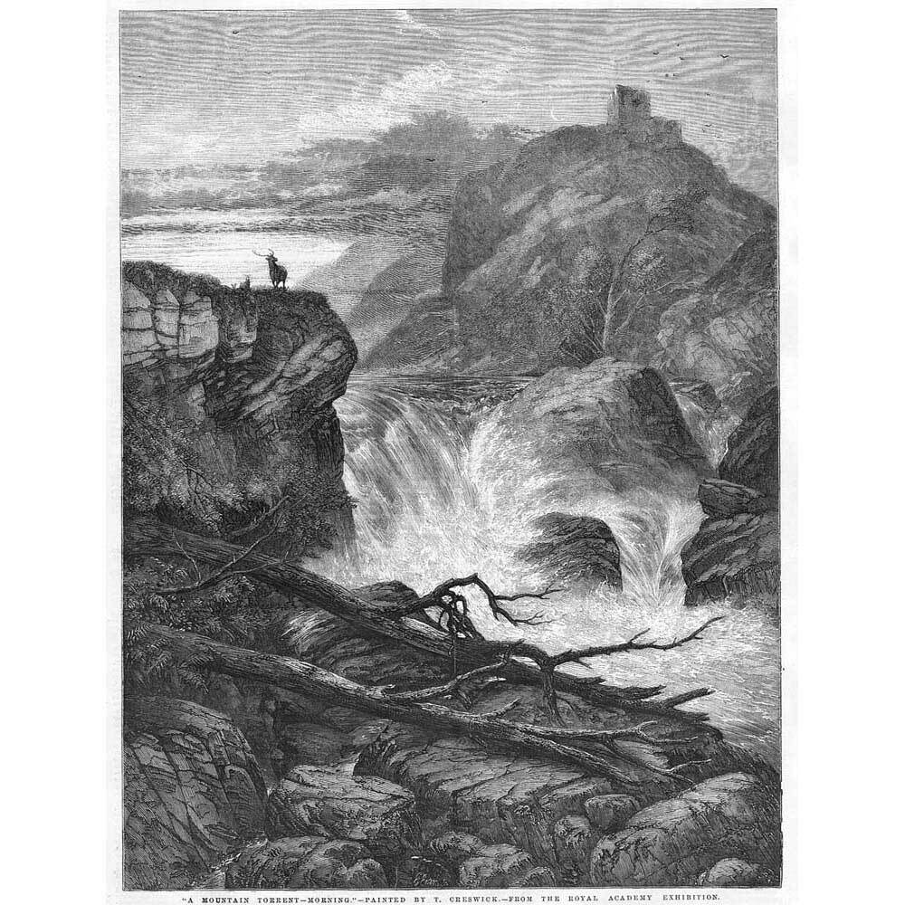 FINE ART A Mountain Torrent in the Morning - Antique Print 1858