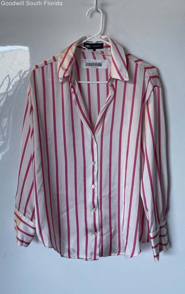 Zara Womens Pink & White Striped Long Sleeve Collared Button-Up Shirt Size S