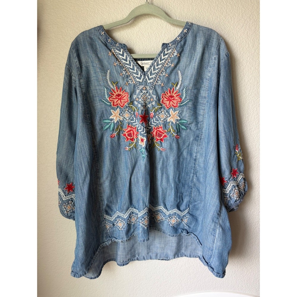 Coldwater Creek Womens 3X Embroidered Chambray Tunic Top Blue Floral Boho Blouse