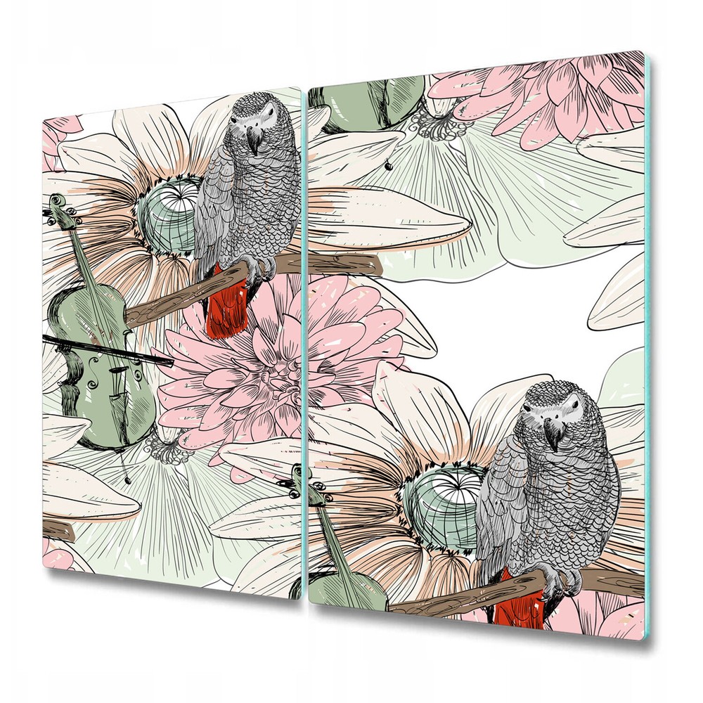 Glass Kitchen Chopping Board Worktop Saver Parrot among flowers grey 2x30x52