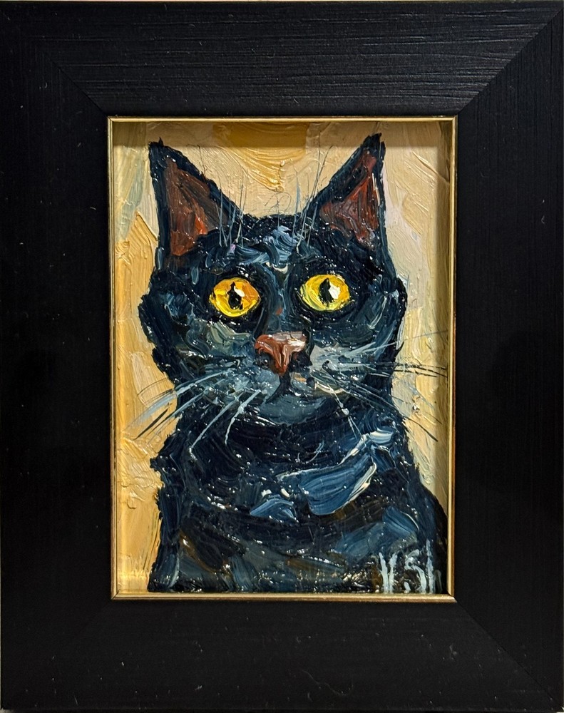 ACEO Framed Funny Black Cat Original Oil Painting Portrait  Pet Animal Art