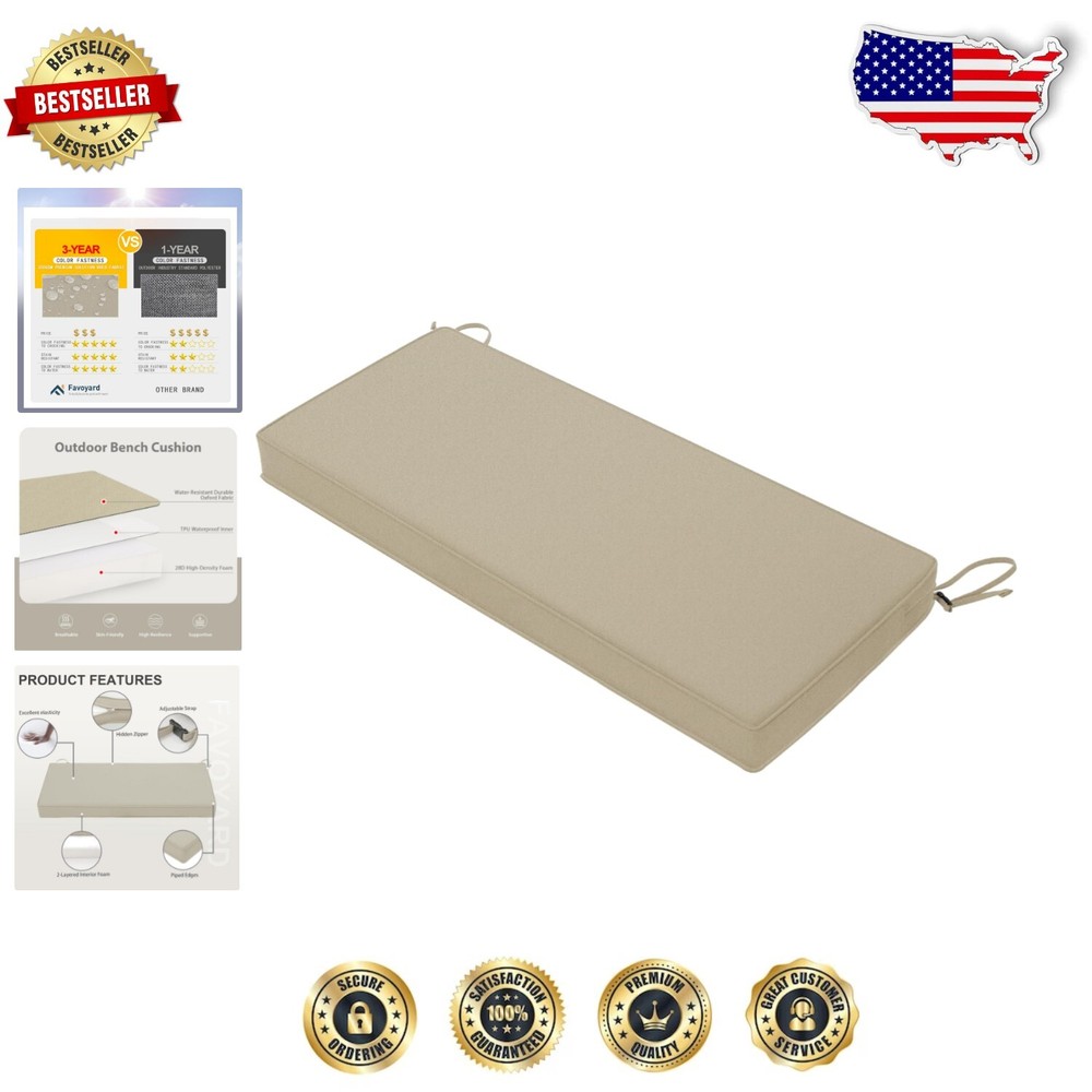 Beige Outdoor Bench Cushion - Waterproof, Machine Washable, 3-Inch Padding