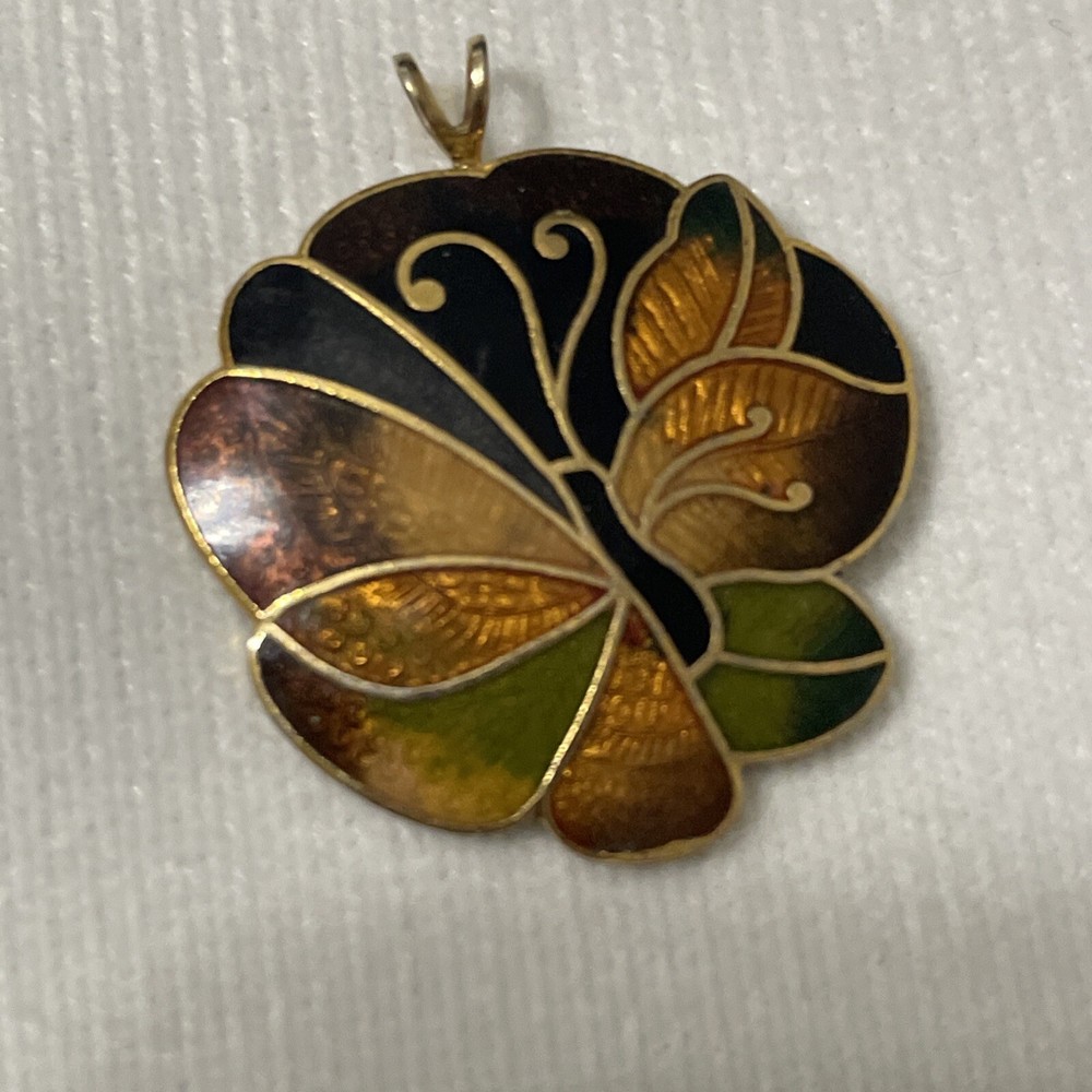 Vintage Abstract Butterfly Flower Cloisonne Enamel Pendant Gold Tone