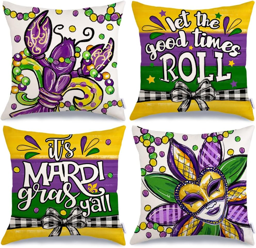 It'S Mardi Gras Y'All Crawfish Mask Bead Throw Pillow Covers 18X18 Inch Set of 4