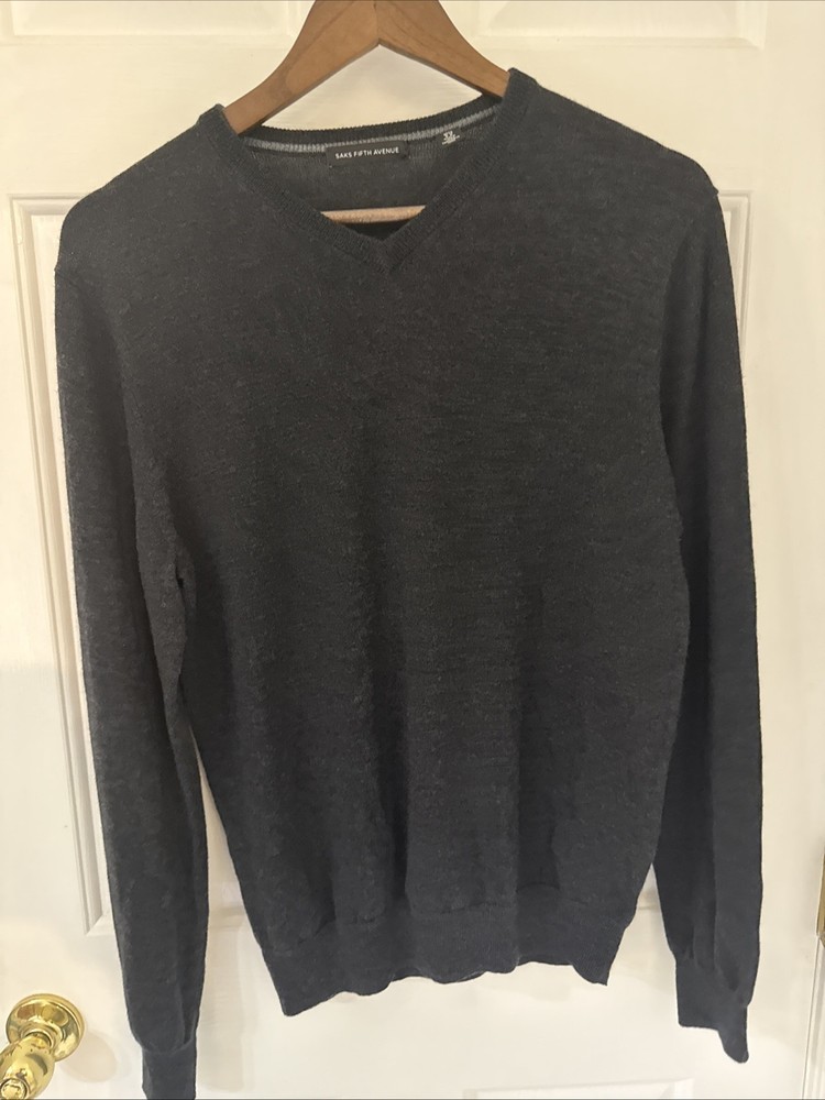 Saks Fifth Avenue Mens V-Neck Sweater Merino Wool Black Size Medium M