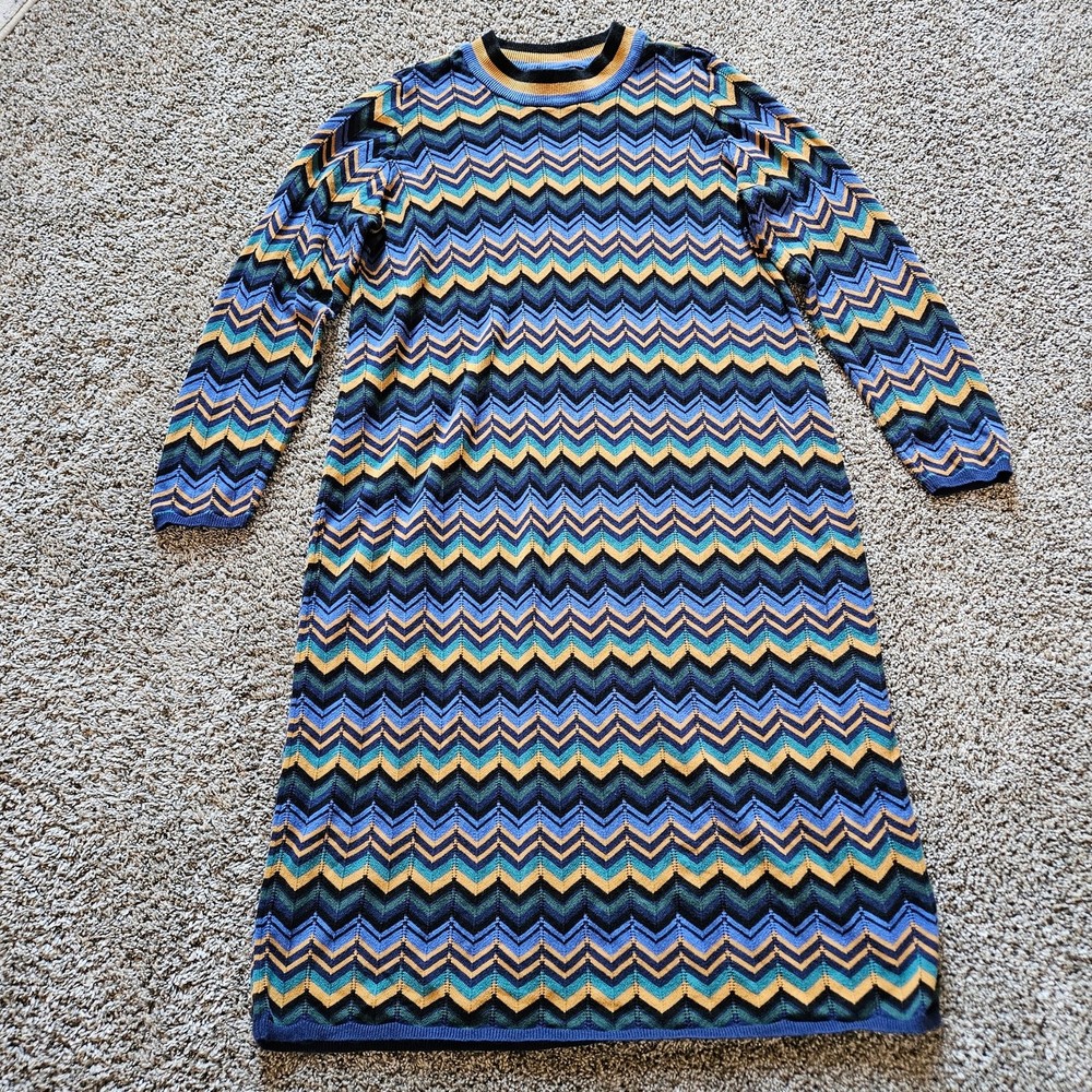 Modcloth Dress Womens Size 2X Chevron Knit Long Sleeve Crew Neck Sweater Blue