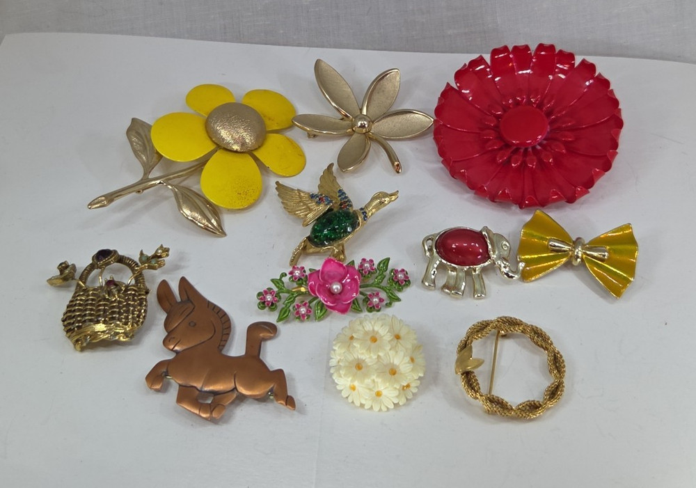 Vintage 11 Enamel Flower Animal Gold tone Pin Brooch Lot Goldette Trifari SC