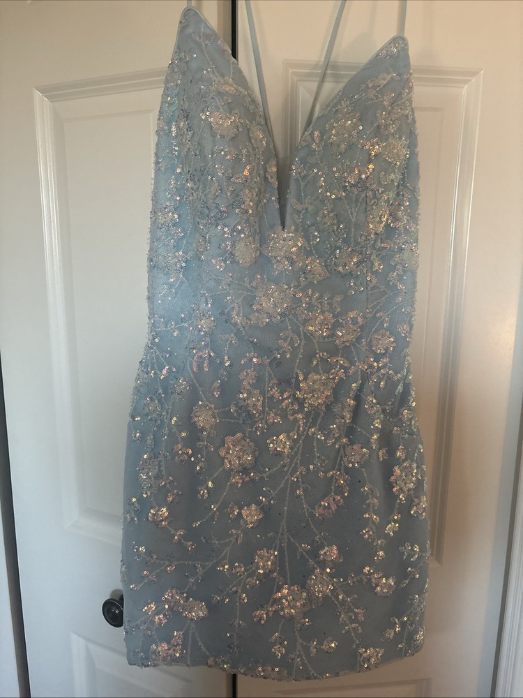 Women's Sleeveless Mini Dress Light Blue with Sequence Size Medium
