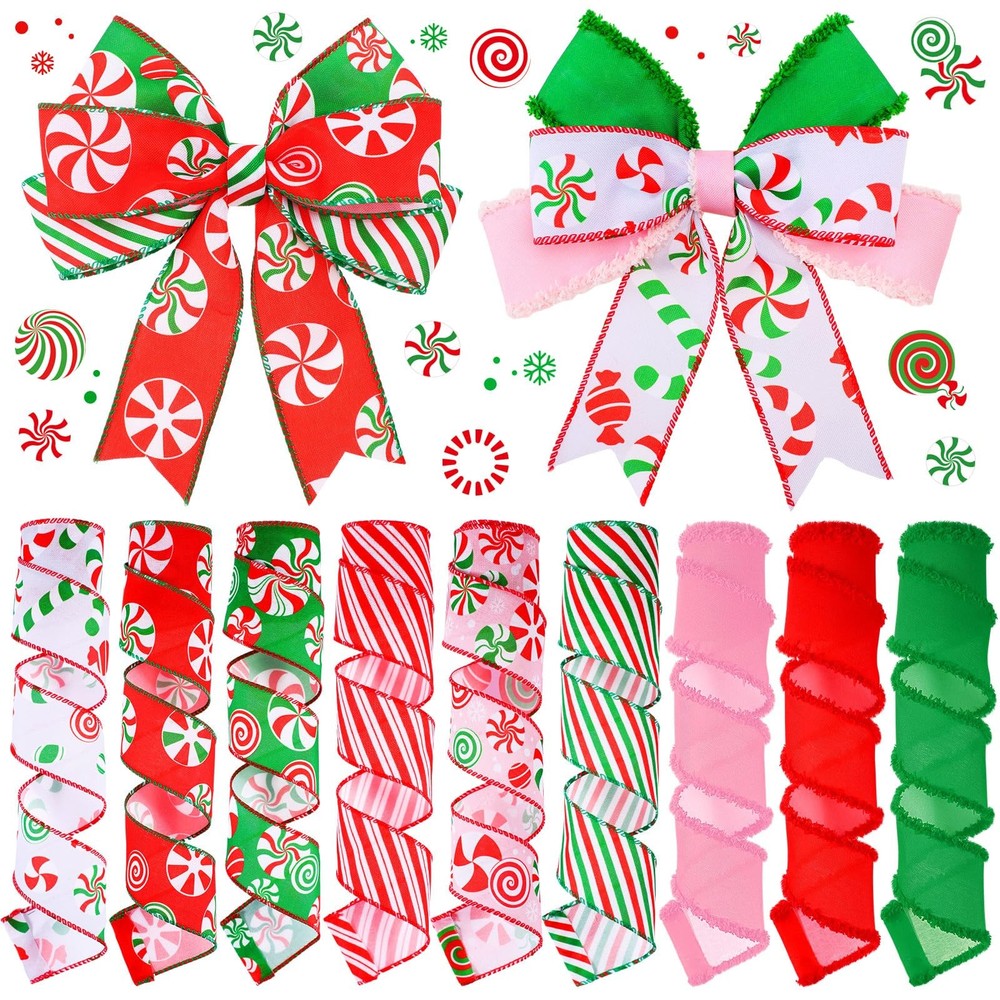 9 Rolls 45 Yards Christmas Candy Peppermint Ribbon Wired Edge Ribbons for Wre...