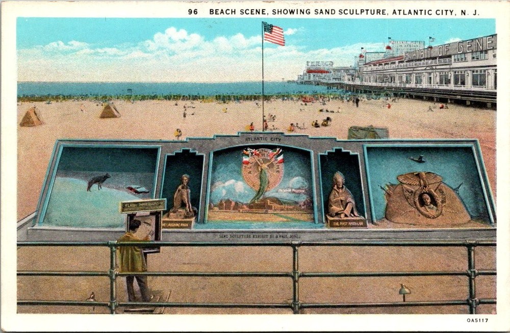 Vintage Atlantic City NJ Sand Sculpture Beach Scene Boardwalk Linen Postcard