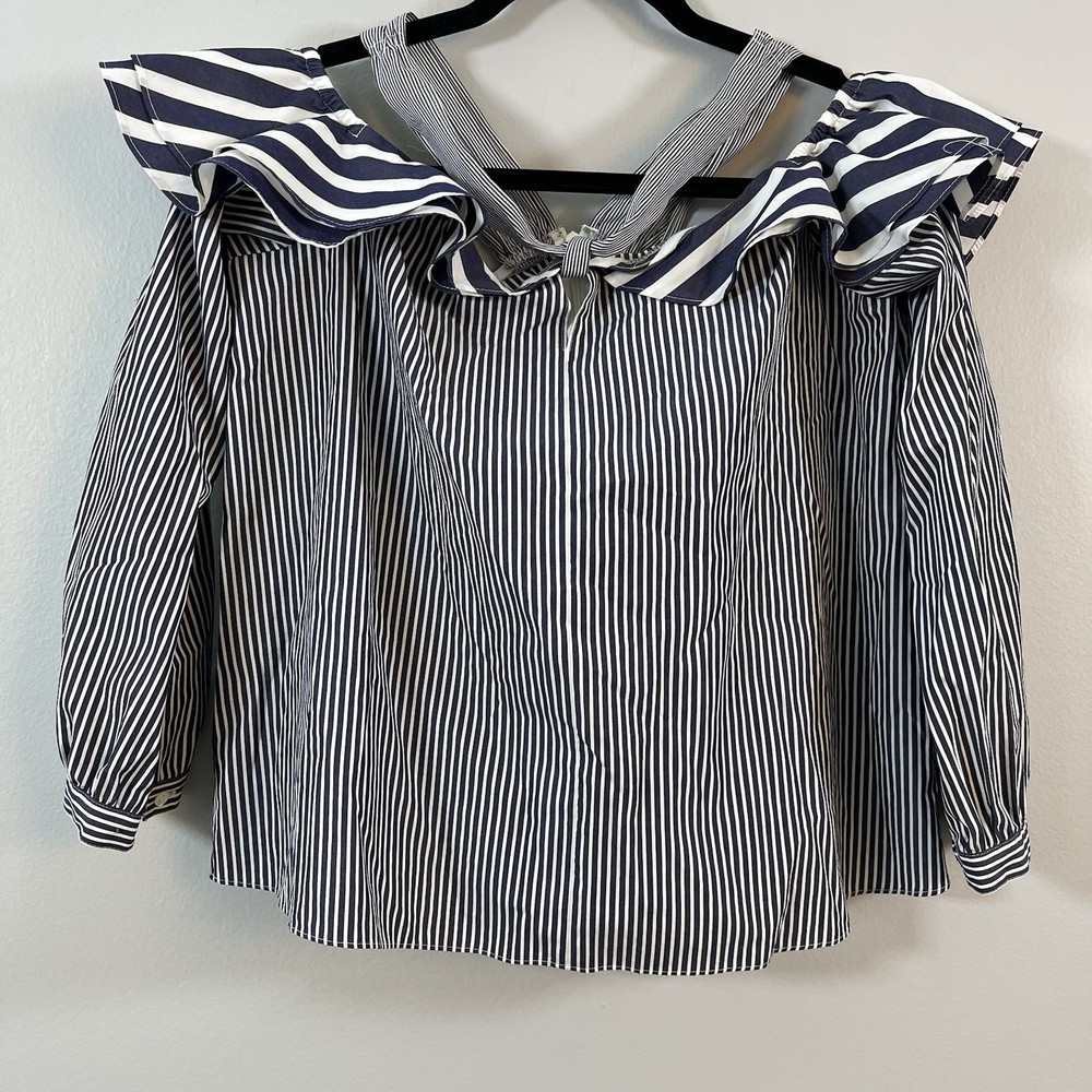 J Crew Women's Blue White Striped Off Shoulder Tie Neck Ruffle Top Blouse Sz 10