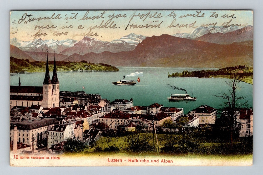Switzerland- Lucerne Alps Town View Church Lake Steamers Vintage c1906 Postcard