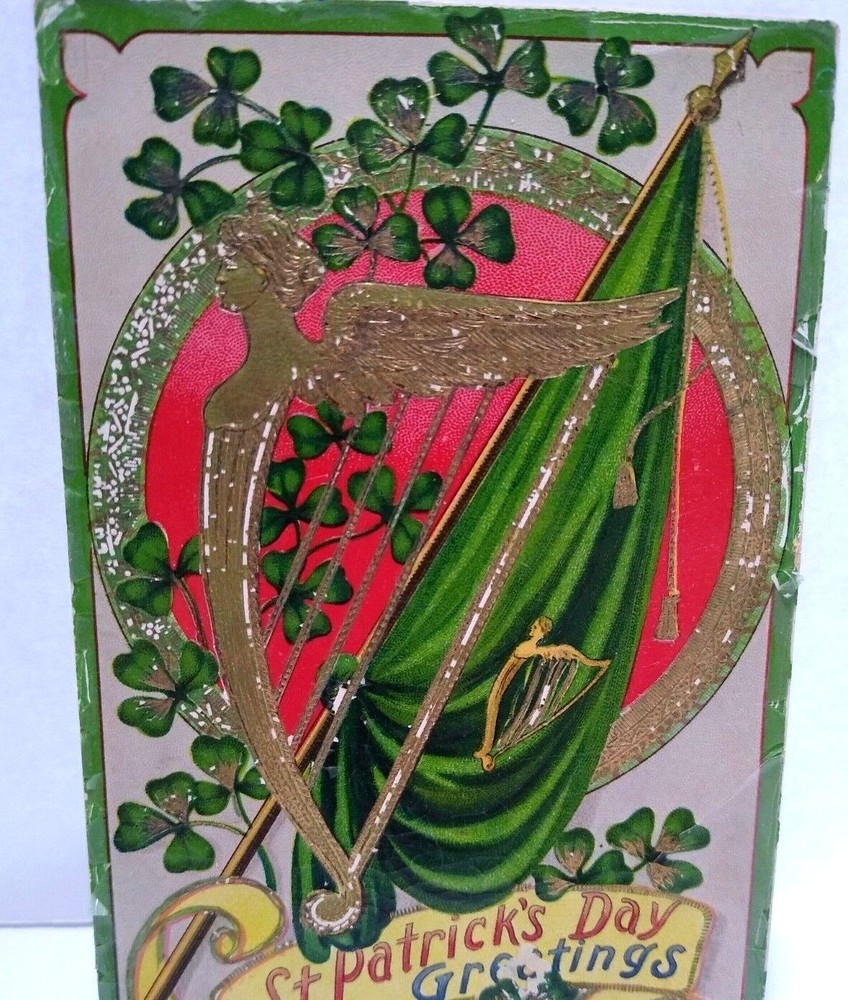 St Patrick's Day Postcard Irish Greetings Harp Flag Clover Gel Coat Flaking 1910
