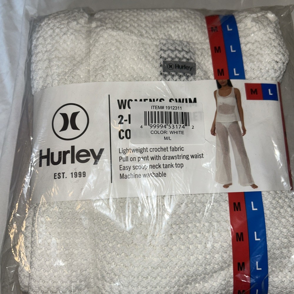 NWT Hurley Swim Cover Up Lightweight Crochet 2-Piece Set White M-L Pants Top A6