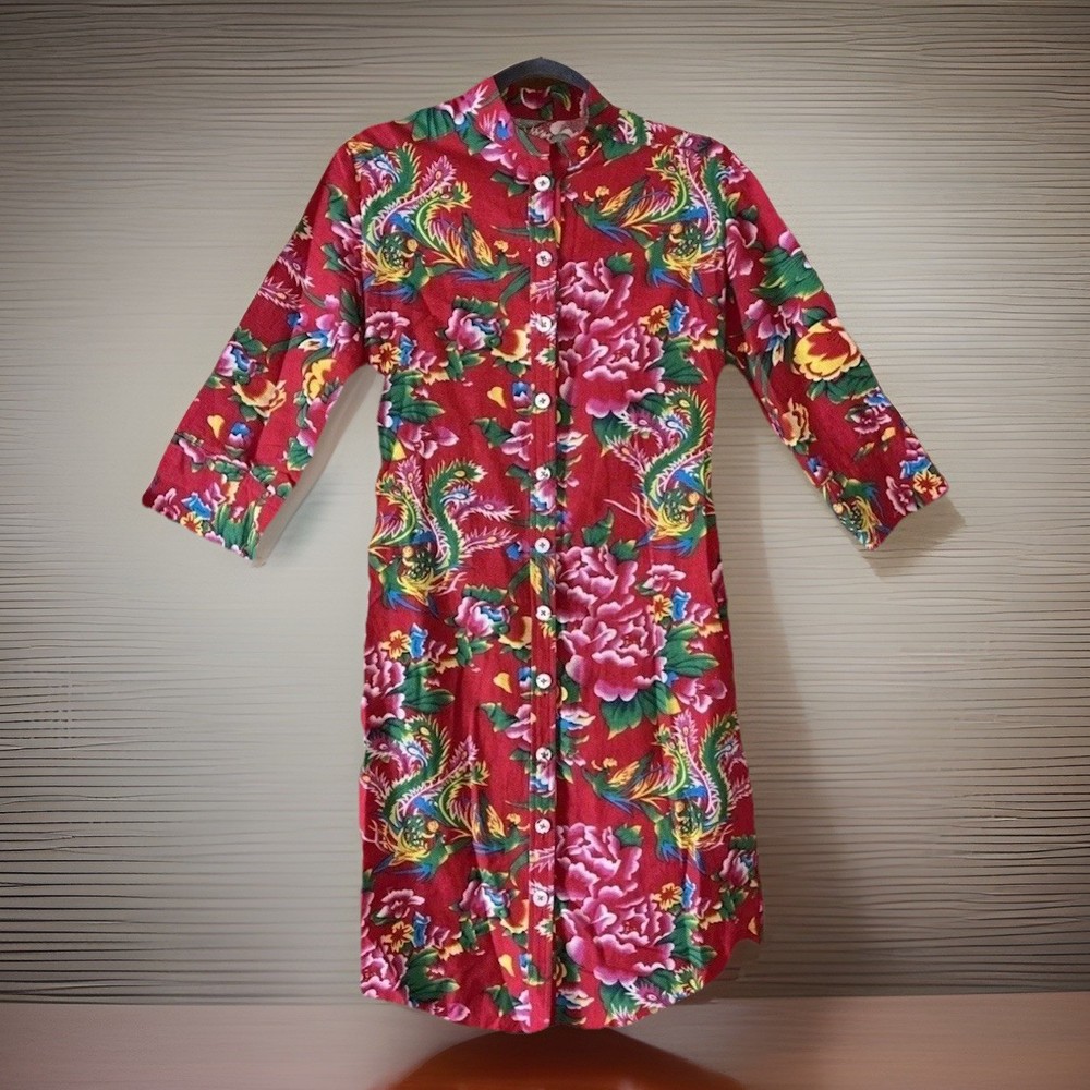 DEMA Shirt Dress Women's Small Red Linen Blend Tropical Bird Floral